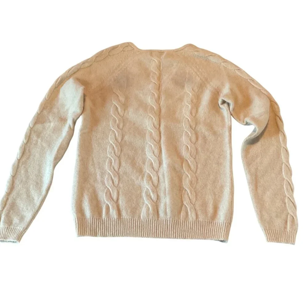 NWOT Neiman Marcus Beige 100% Cashmere Cable Knit V-Neck Sweater Womens M